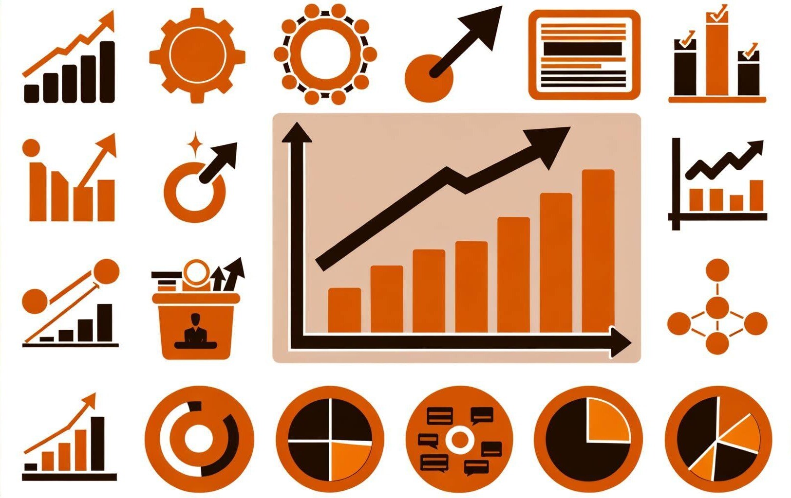 Hubspot tools icons and metrics showing business growth in a graph maintaining an orange colour theme-1