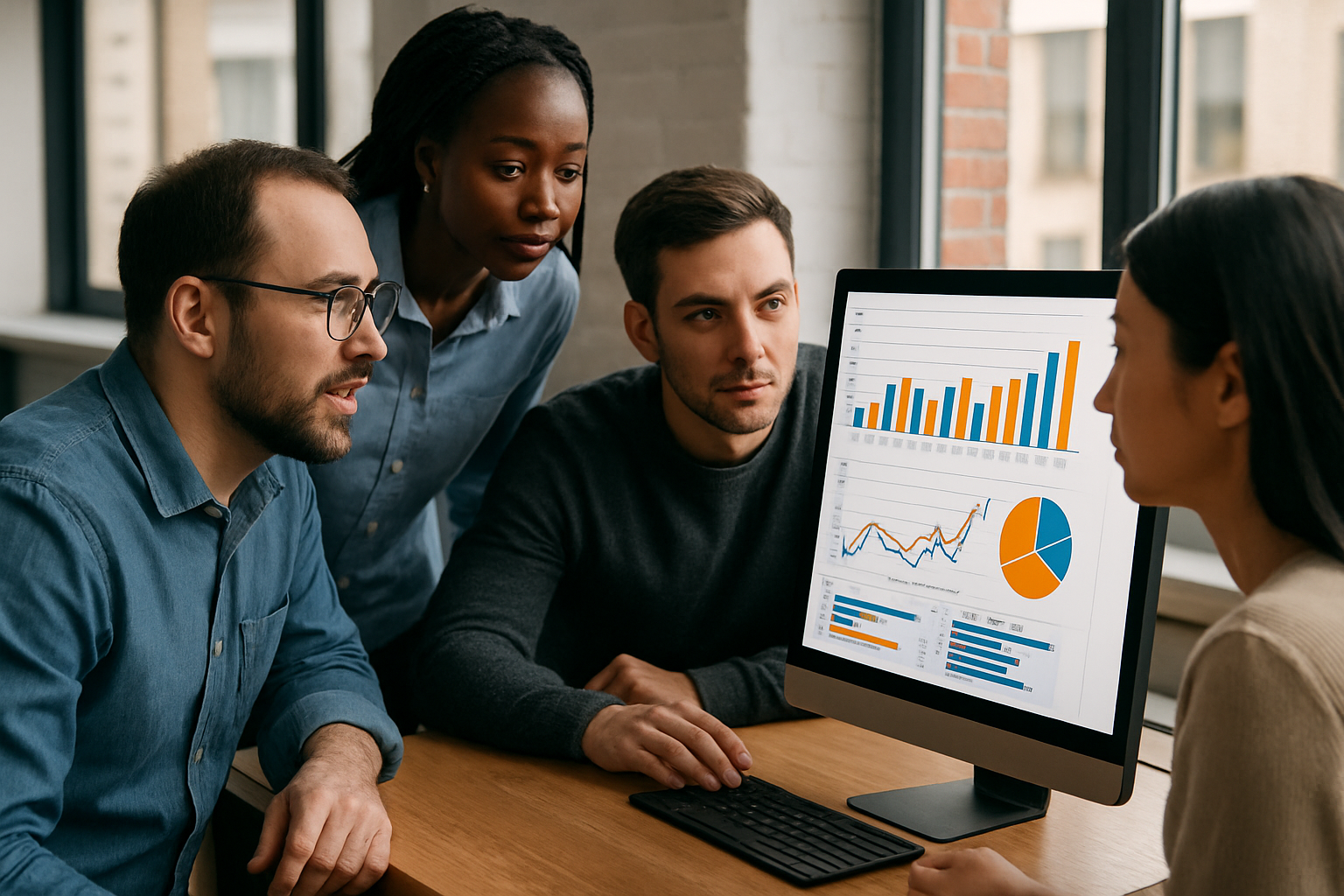 Team looking at desktop with graphs on screen-1