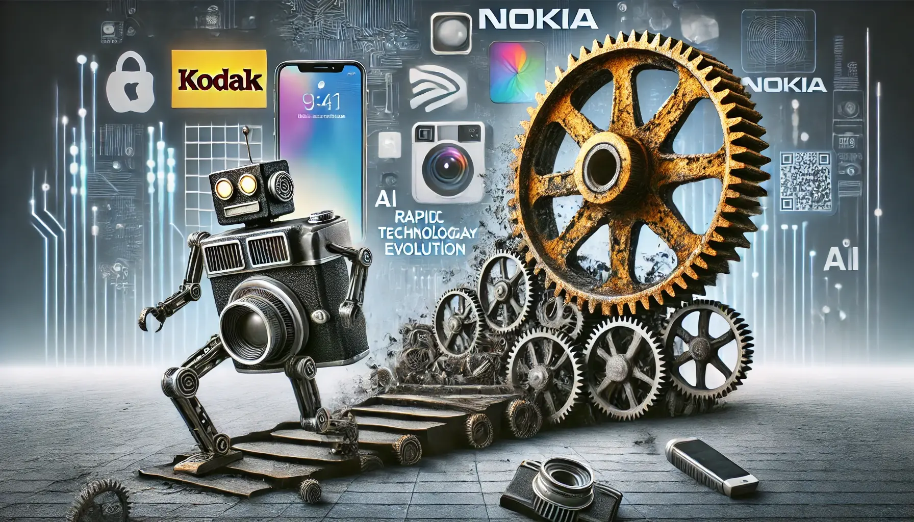 An image concept illustrating why giant companies like Kodak and Nokia fail due to lack of adaptability. The image shows a large outdated gear mechani-1