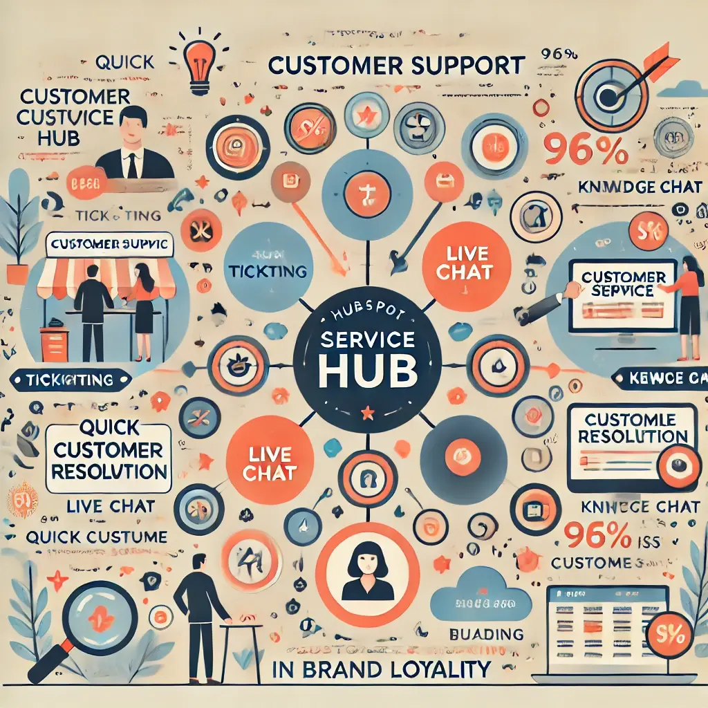 DALL·E 2024-09-08 12.27.10 - An infographic illustrating how HubSpots Service Hub enhances customer support. The visual highlights the key features such as ticketing, live chat, 