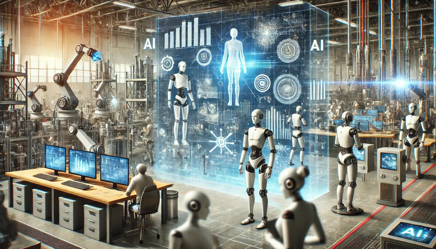 DALL·E 2024-09-13 10.10.25 - An image that visually represents Automation and Artificial Intelligence as the New Workforce Revolution. The image shows a futuristic factory floor w