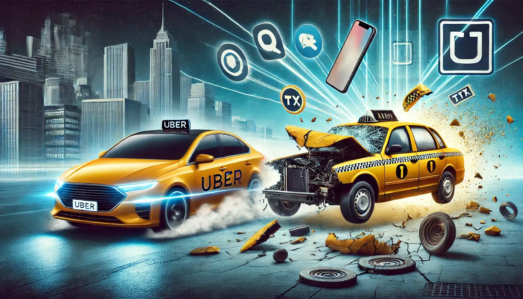 DALL·E 2024-09-16 09.51.59 - An image showing Ubers disruption of the taxi business using two different ideas. Idea 1_ A sleek, modern Uber car zooming past a broken-down yellow 